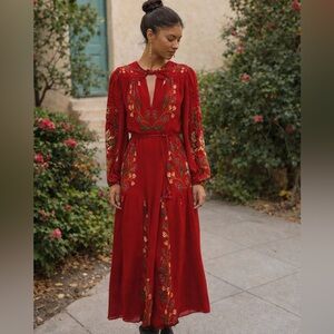 FARM Rio Berry Garden Red Floral Long Sleeve Dress